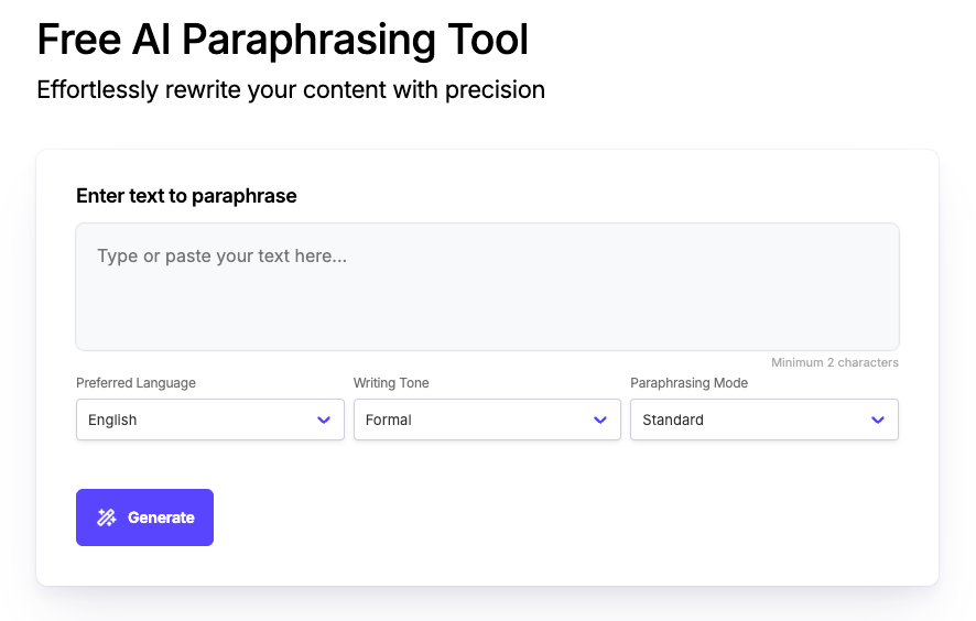 Free AI Paraphrasing Tool screenshot and logo